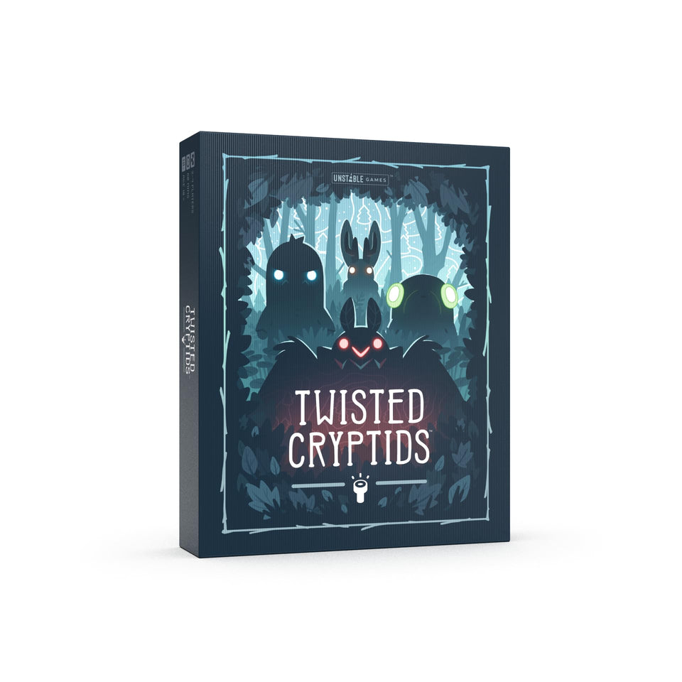 Unstable Games Twisted Cryptids box front, eye-catching shelf appeal for game nights.