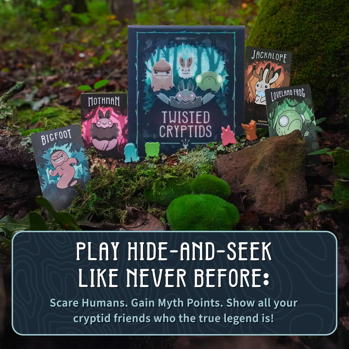 Unstable Games Twisted Cryptids tarot-sized cards, clear art for quick setup and play.