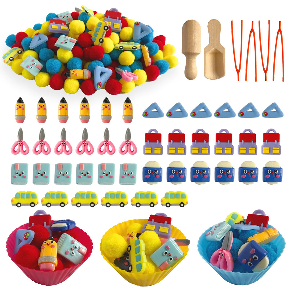 Unvola 154Pcs sensory bin with pom-poms for color sorting and dexterity practice