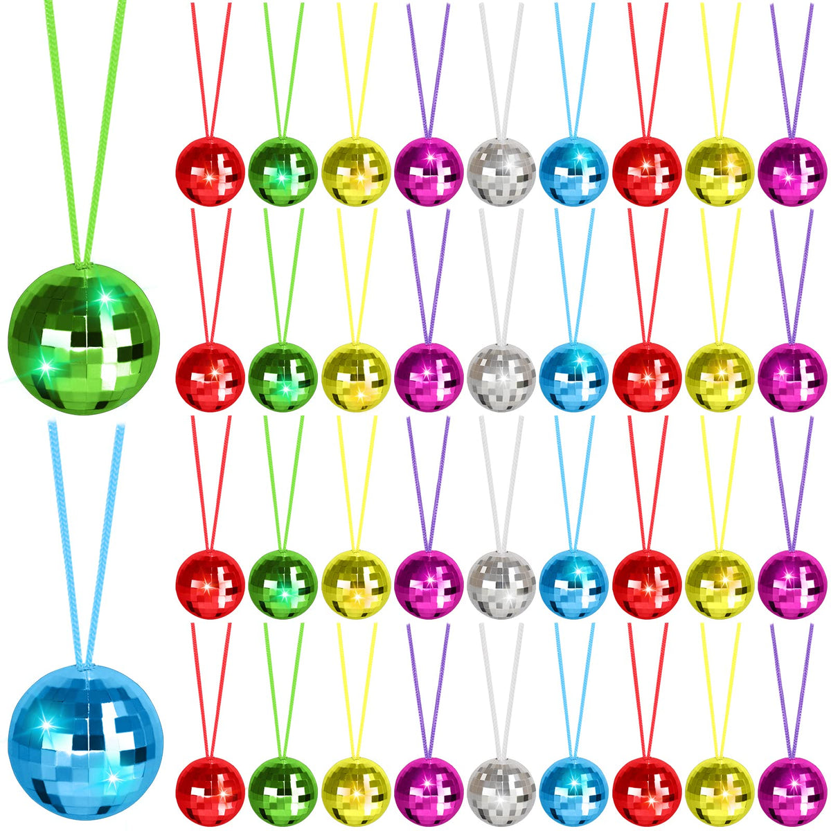 Uoeo 48-pack mirror disco ball necklace close-up showing reflective sparkle for party outfits