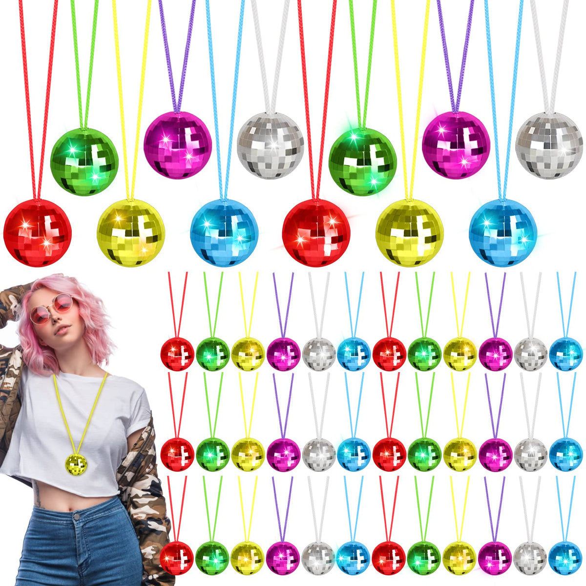Uoeo silver disco ball necklace close-up highlighting retro 70s glam vibe