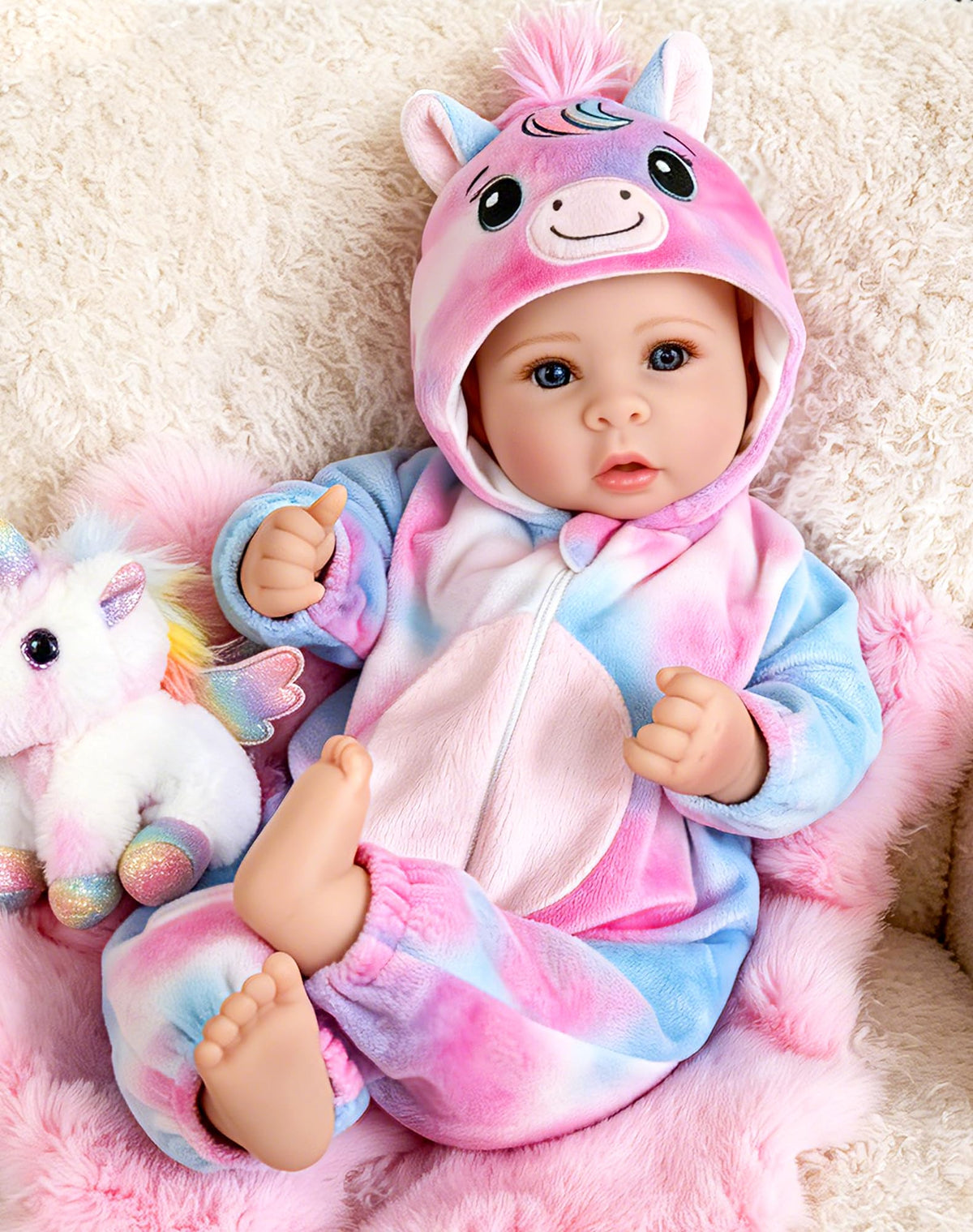 UOFTKIZ Real Life Baby Doll face with blue eyes for imaginative play.