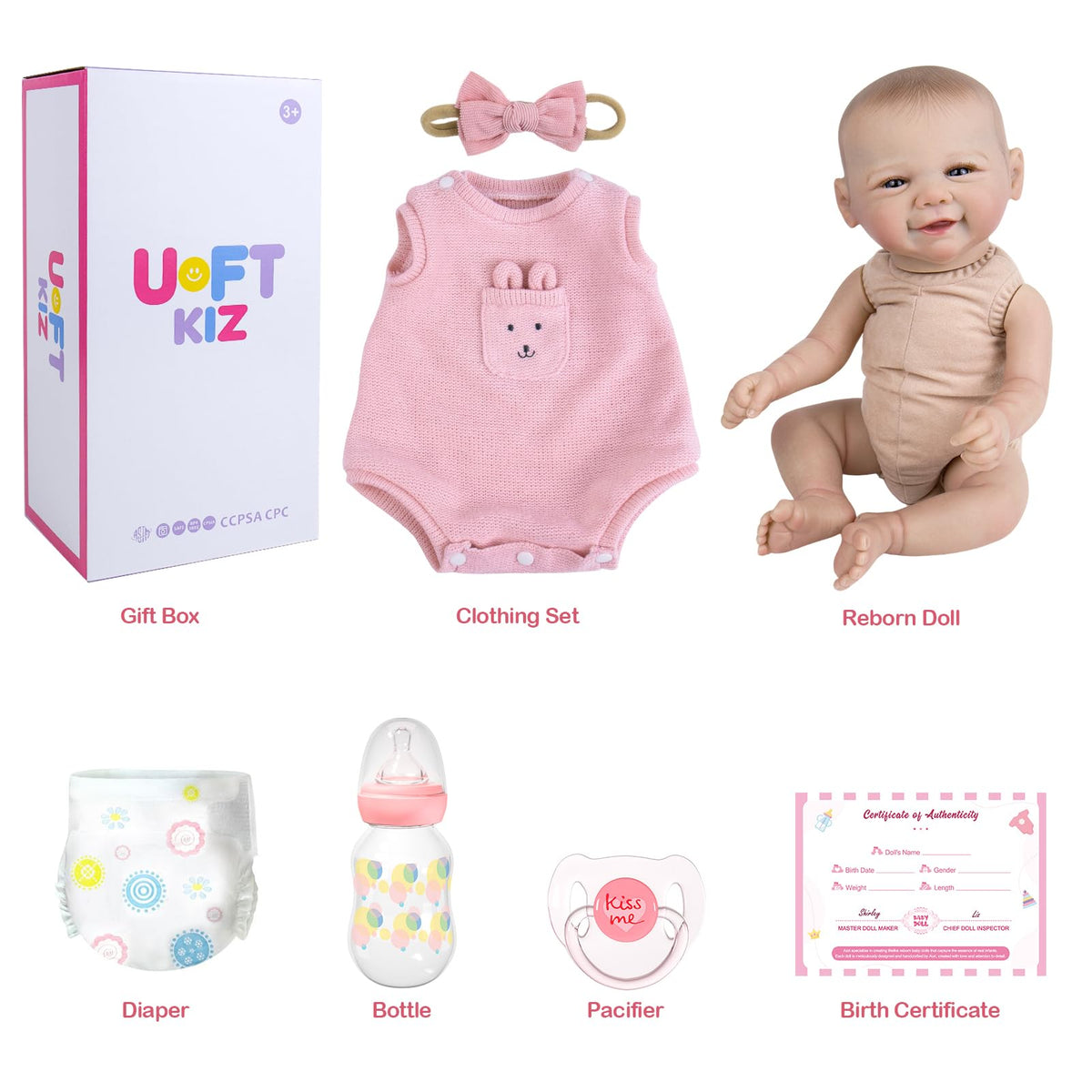 UOFTKIZ reborn doll gift set includes diaper and birth certificate
