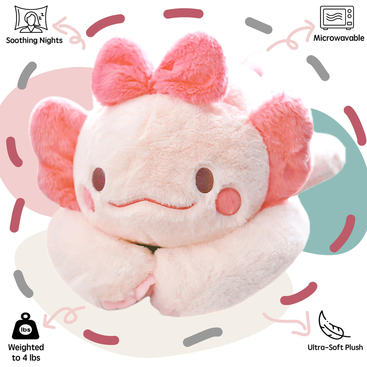 The uoozii 20 pink axolotl weighted plush heat pad inside provides warm comfort.