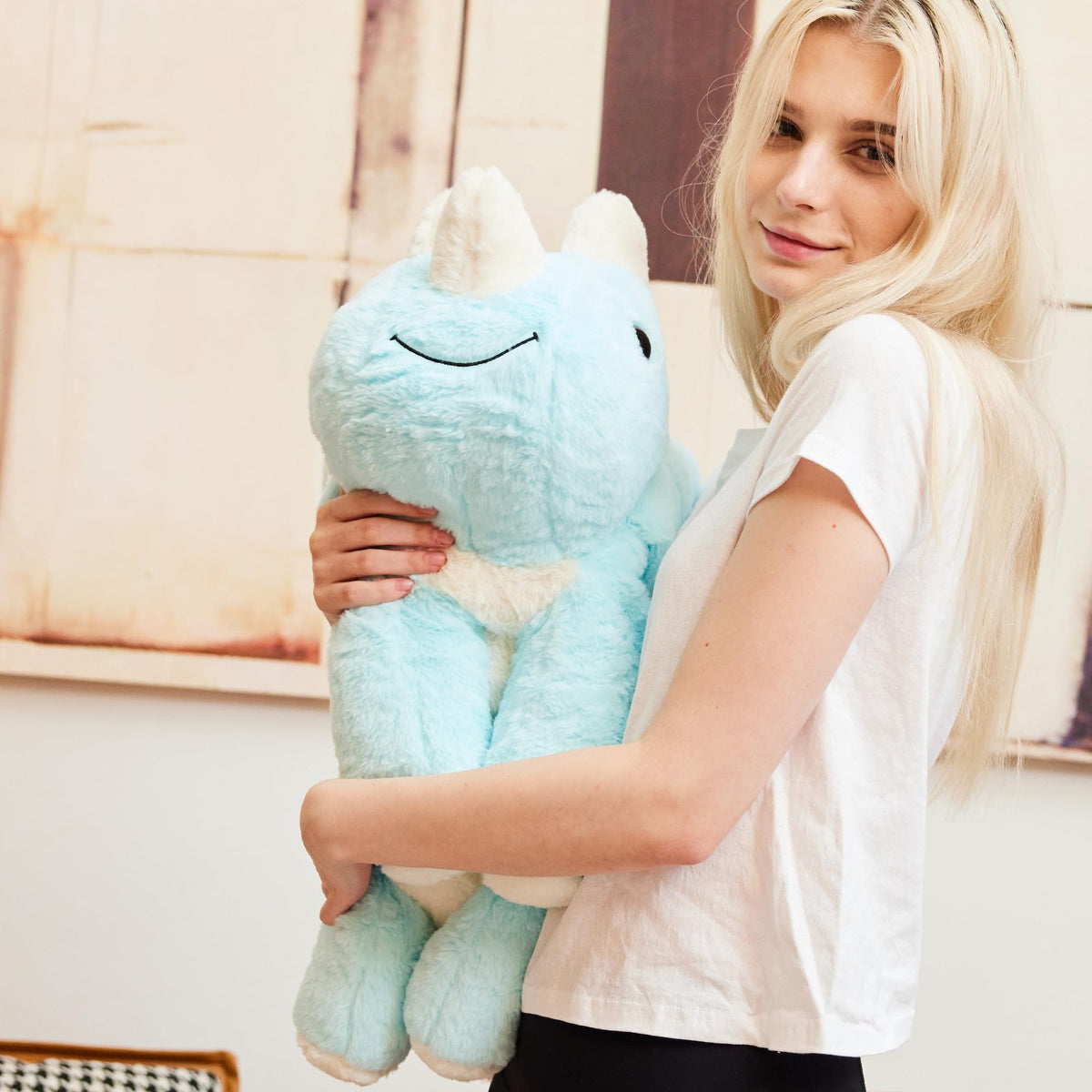 uoozii blue dinosaur weighted plush with microwavable pad inside for cozy warmth