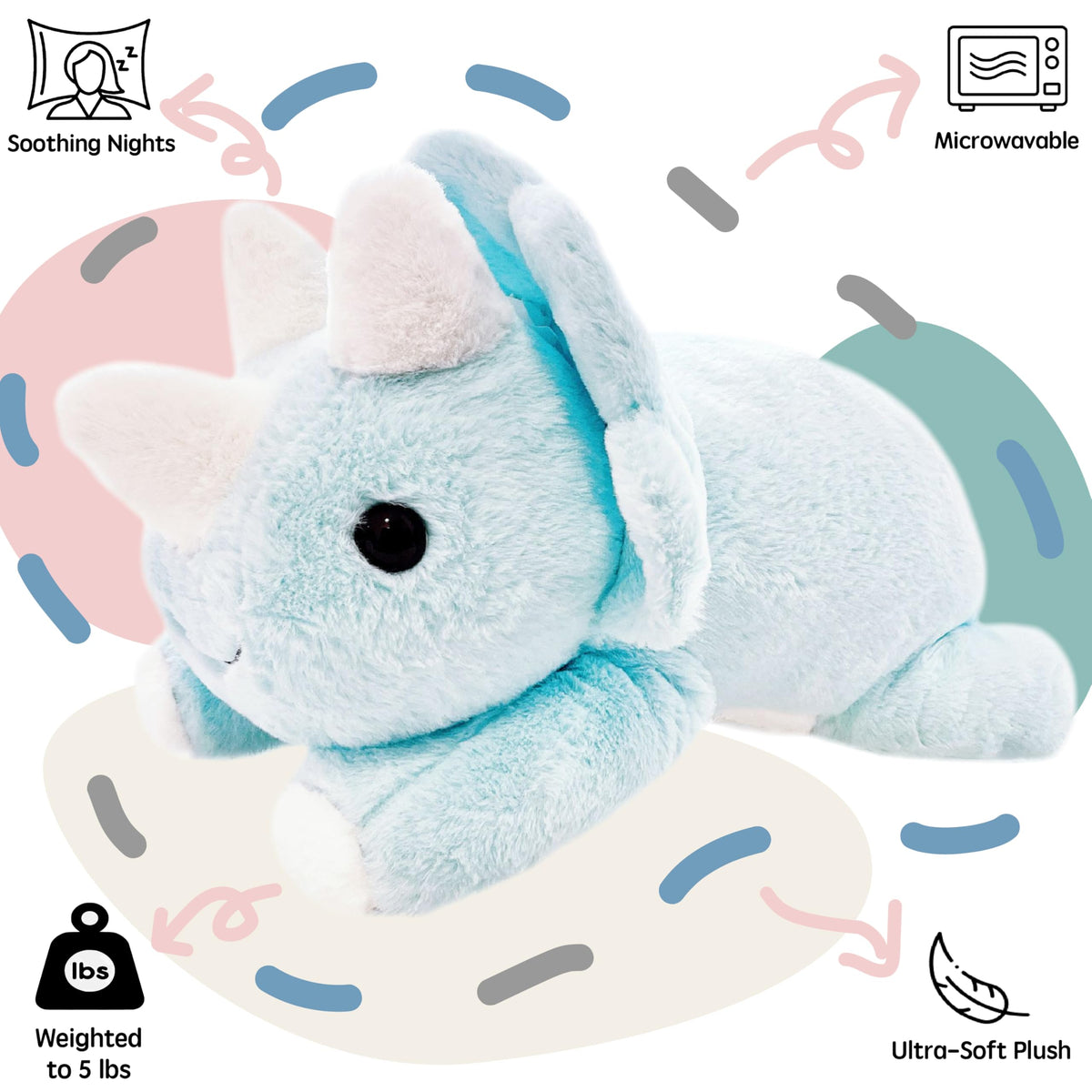 uoozii blue dinosaur weighted plush side view emphasizes portable, cuddly warmth