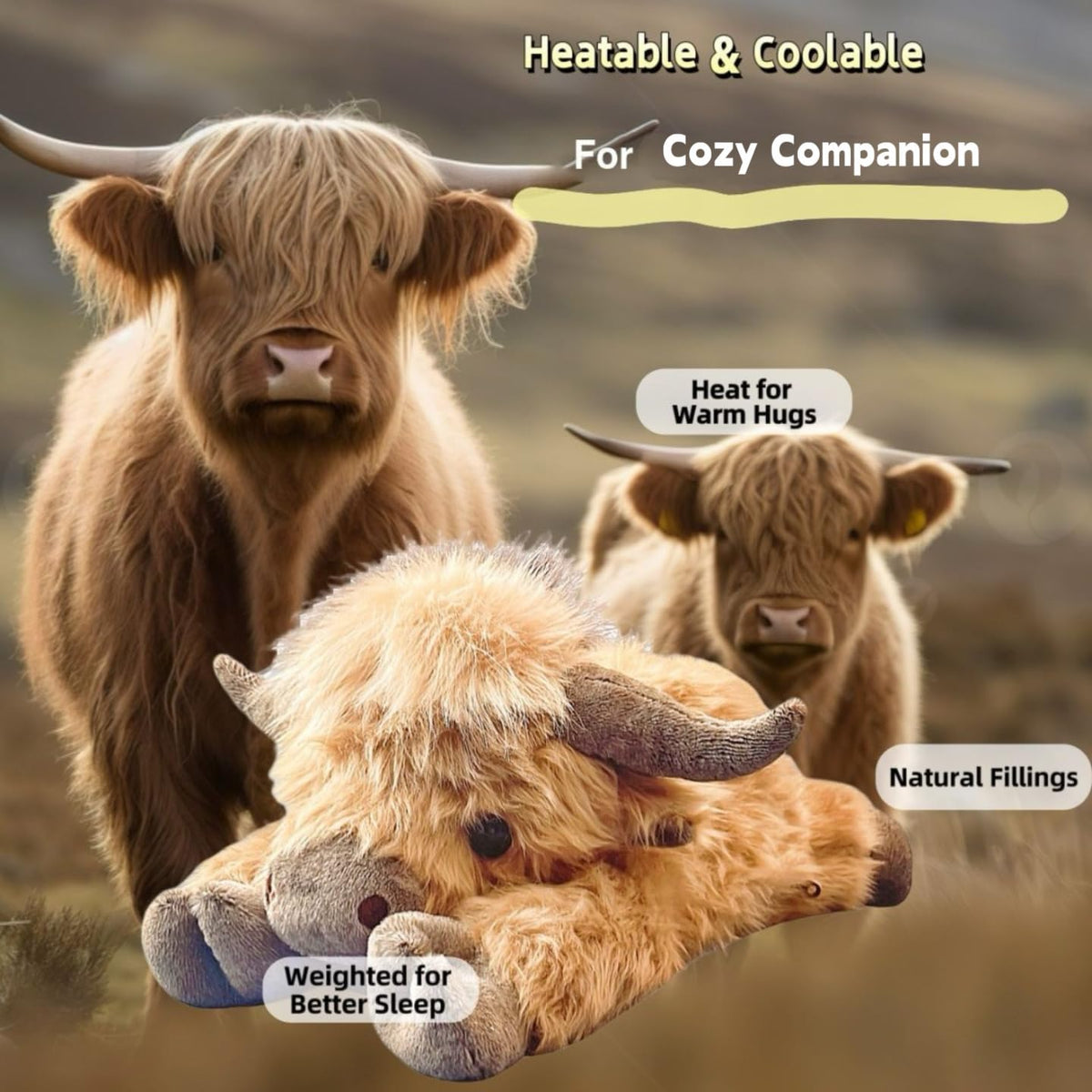 uoozii Highland Cow soft fabric offers soothing comfort during quiet time