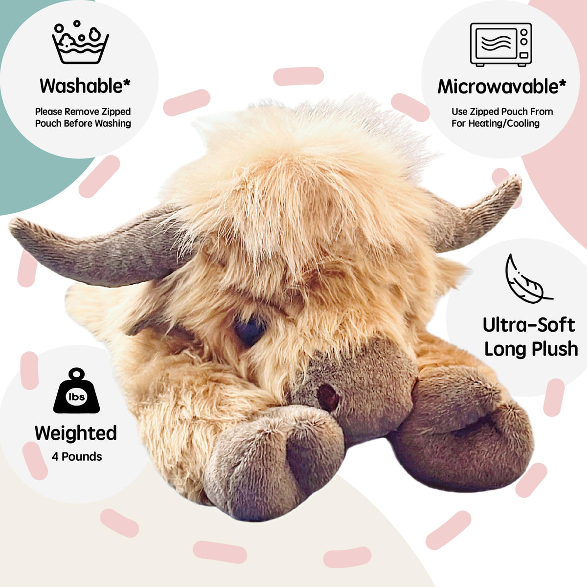 uoozii Highland Cow weighted plush with washable cover for easy care