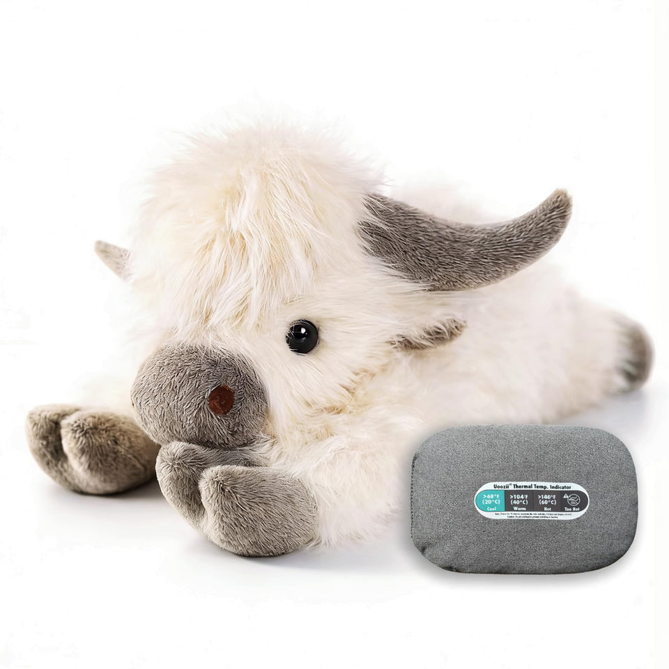uoozii Highland Cow weighted plush close-up showing 5 lb hug for calming comfort