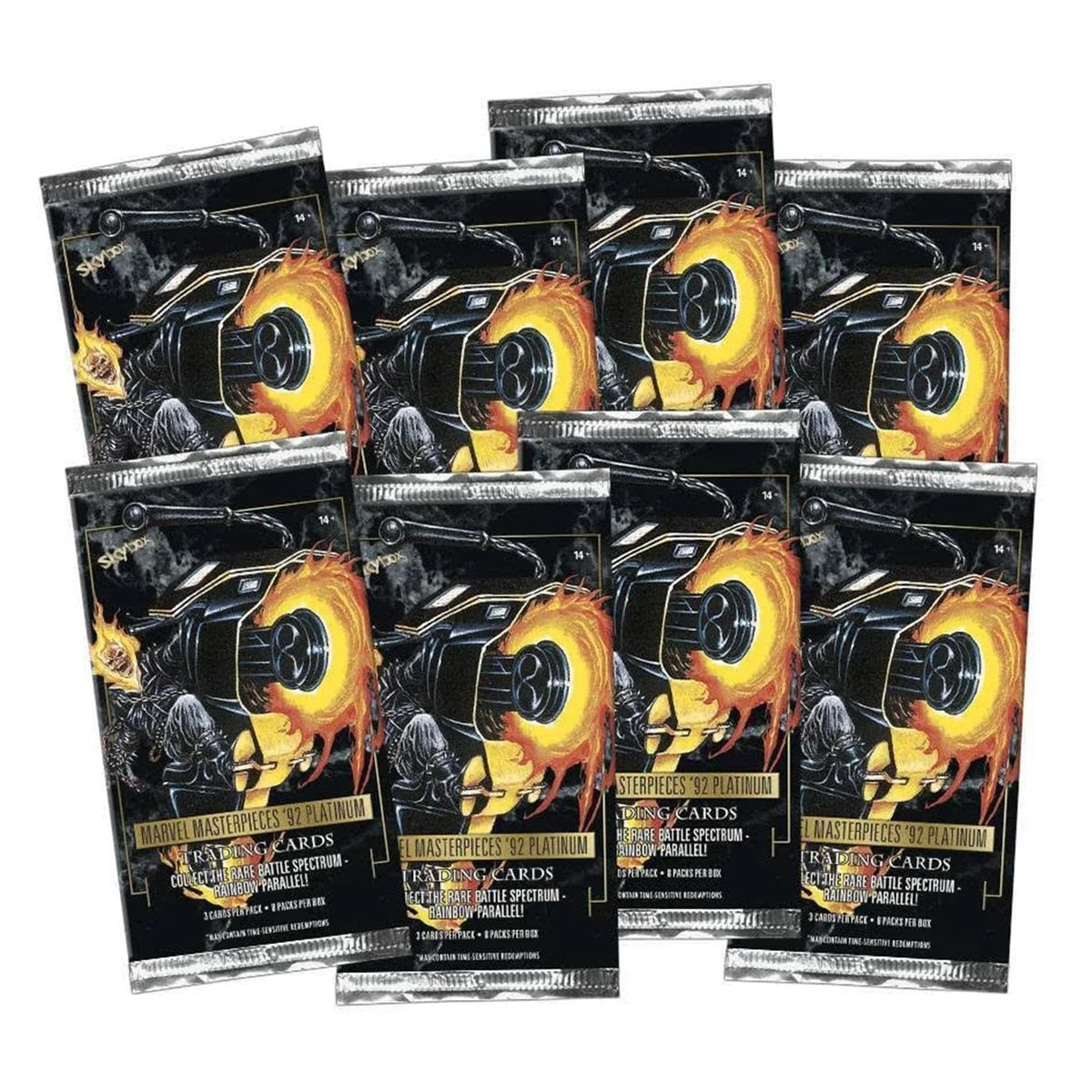 Pack-per-pack view showing three cards per pack from Marvel Masterpieces 92 Platinum