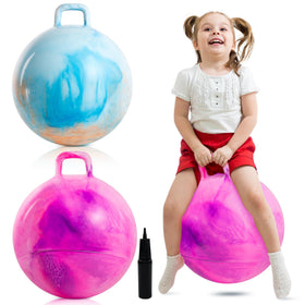 Upper Rider two 18-inch hop balls in blue-orange with handle for active outdoor play.