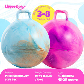 Upper Rider two 18-inch hop balls in purple-pink with handle for indoor or outdoor fun.