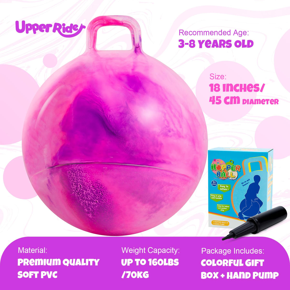 Upper Rider hopper ball handle close up shows non slip grip for safe bouncing