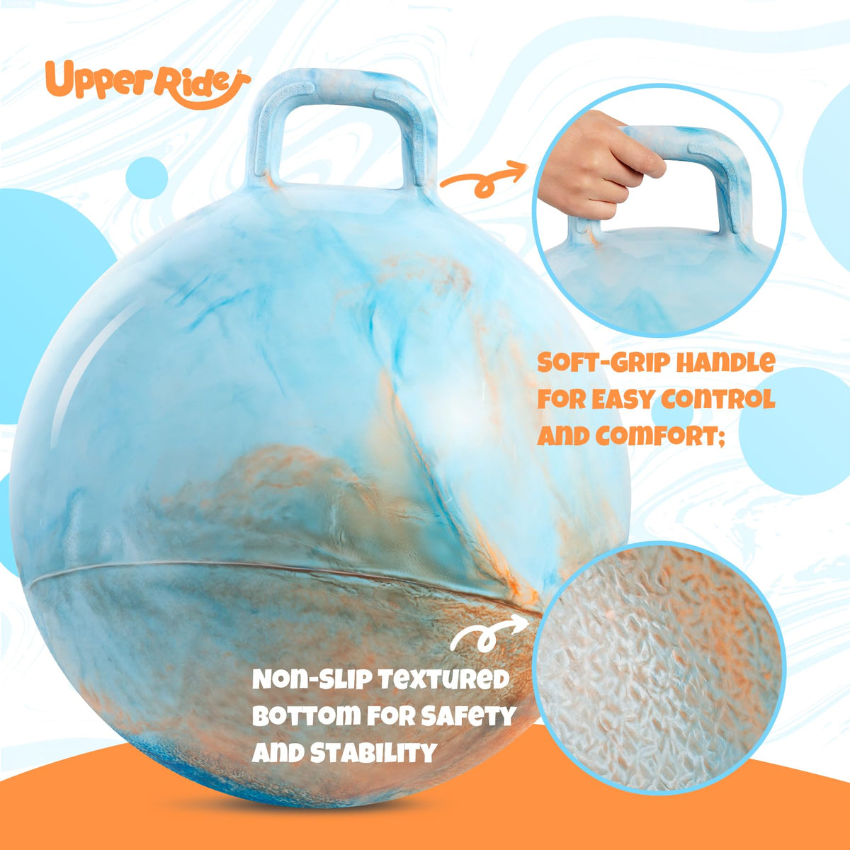 Close-up of Upper Rider hopper ball handle for secure hopping grip.