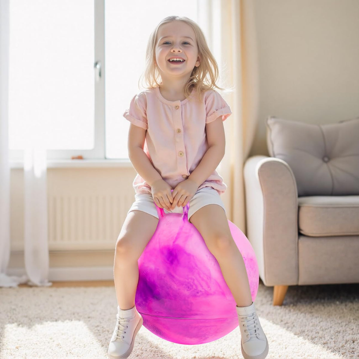 Upper Rider hopper ball suited for indoor and outdoor use, encouraging versatile play spaces.