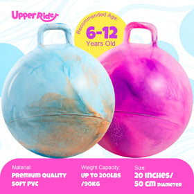 Upper Rider 20-inch hopper ball purple and pink with handle for indoor outdoor fun.