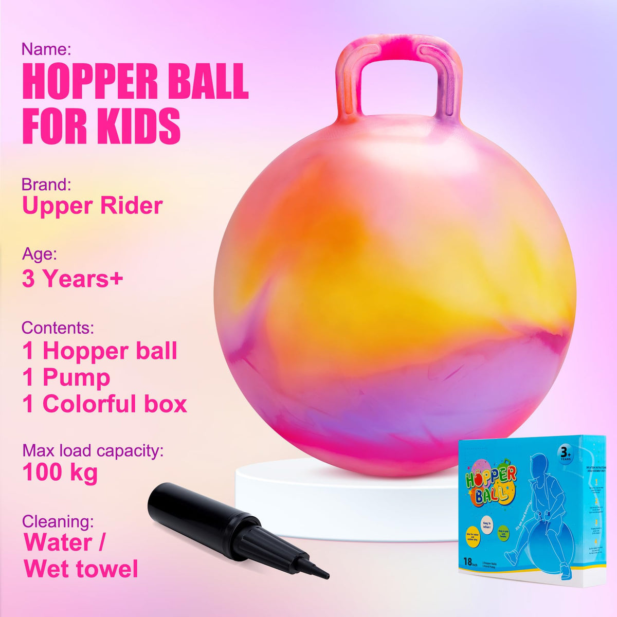 Upper Rider kids bouncing ball with handle enables safe, controlled jumping.