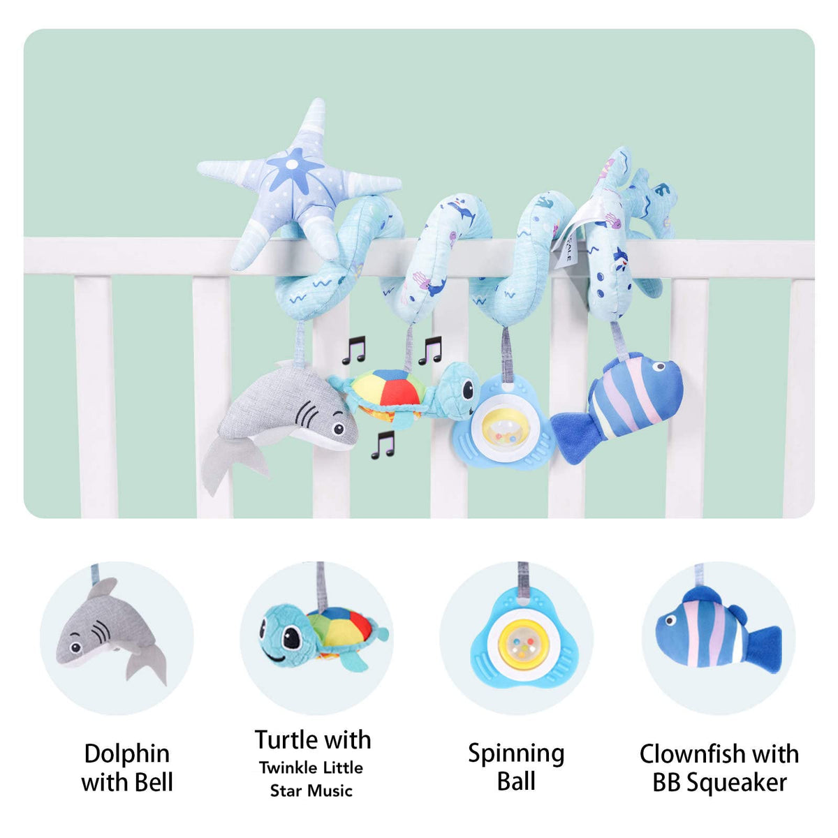 Upscale Trail Deluxe shark hanging toy enhances tactile play and auditory feedback.