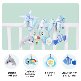 Upscale Trail Deluxe shark hanging toy enhances tactile play and auditory feedback.