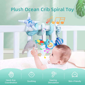 Upscale Trail Deluxe turtle hanging toy stimulates hearing and visual tracking during play.