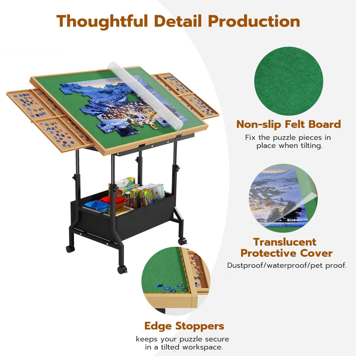 Upvercy edge stoppers and table frame supporting secure puzzles