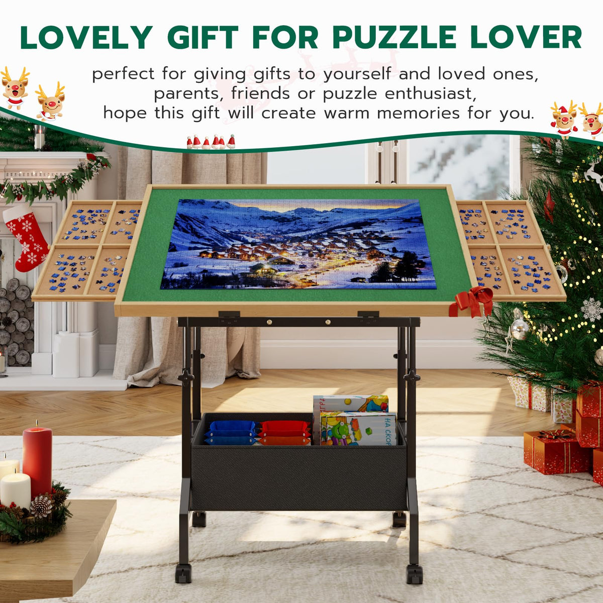 Upvercy puzzle table showing tilt angles for customizable viewing