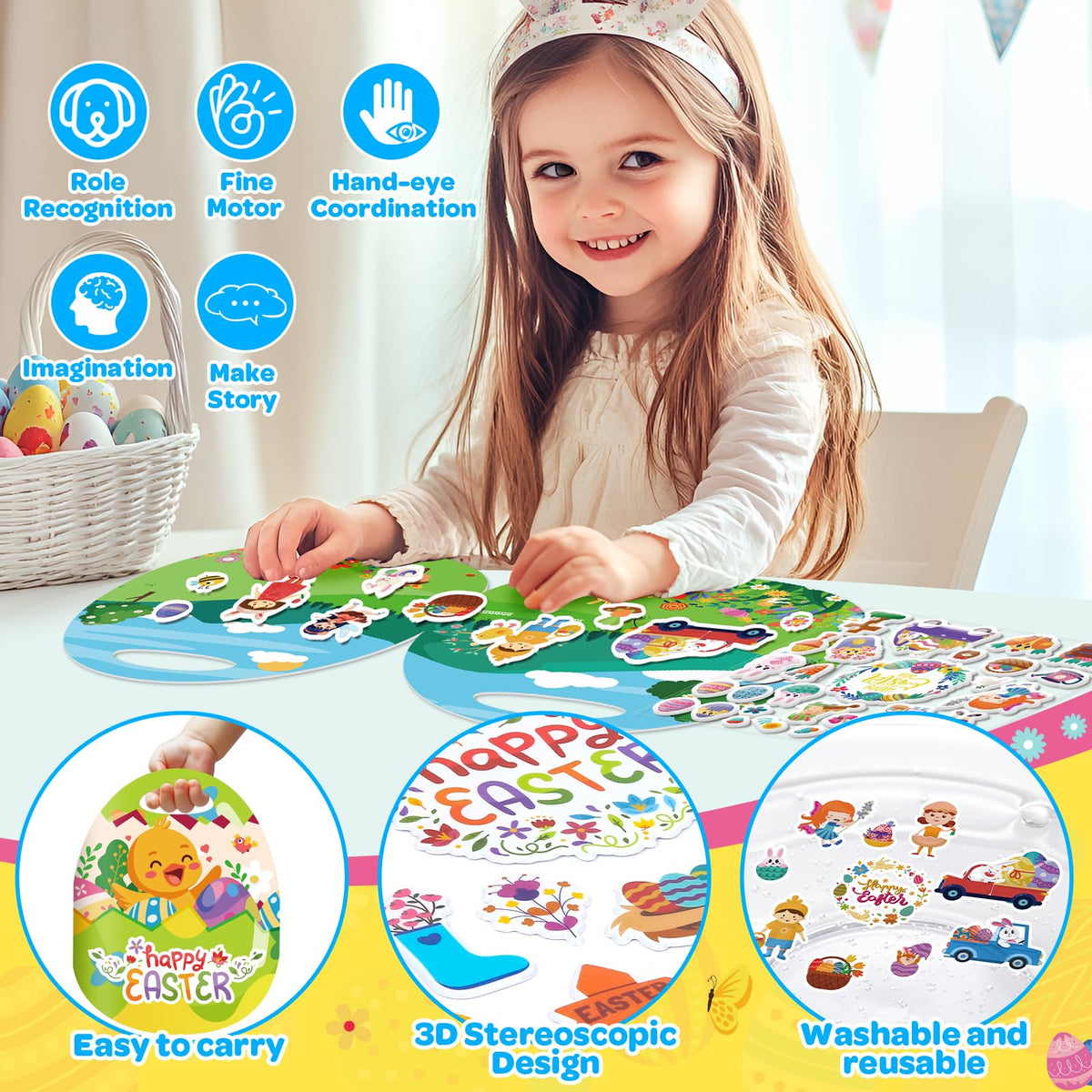 Uranus&No.1 Easter sticker book 6-pack durable materials — reusable and waterproof.