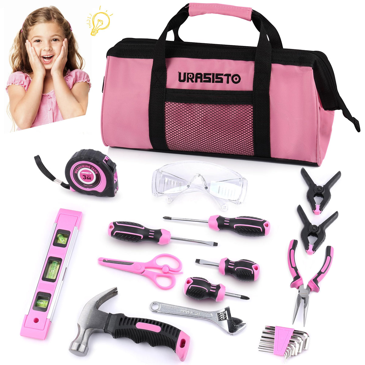 URASISTO 22-piece kids tool set with pink storage bag keeps tools organized for easy DIY projects