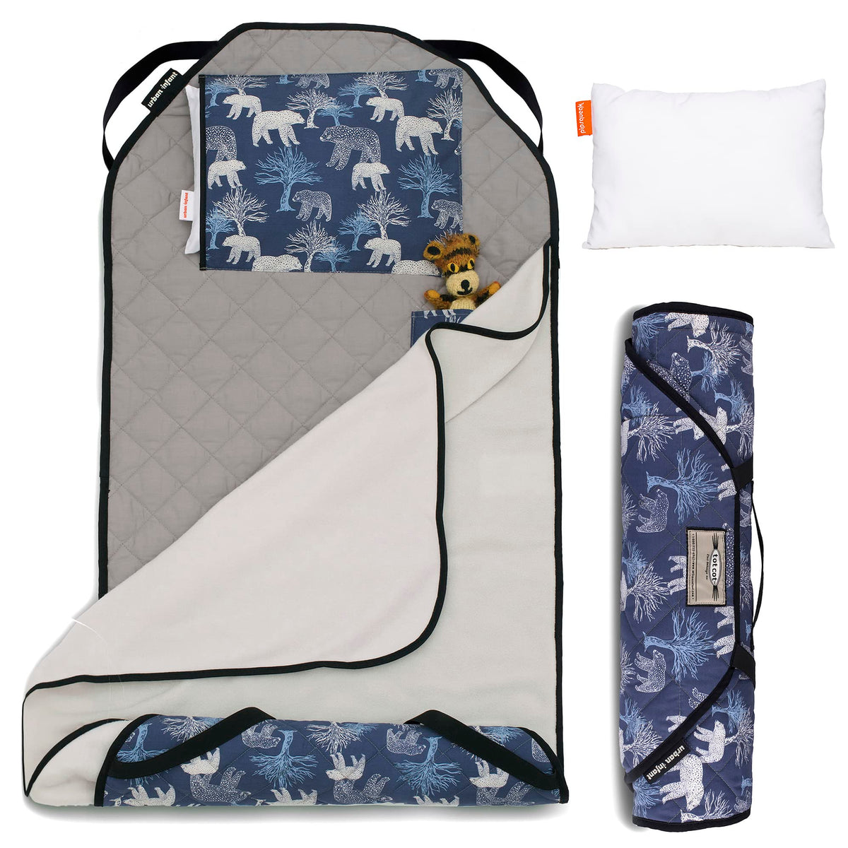 Urban Infant Tot Cot Nap Mat with cover and pillow for portable preschool comfort.