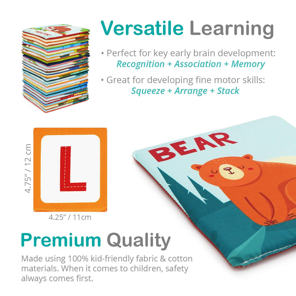 Urban Kiddy Zoo Alphabet Cards textured cotton, durable for daily play.