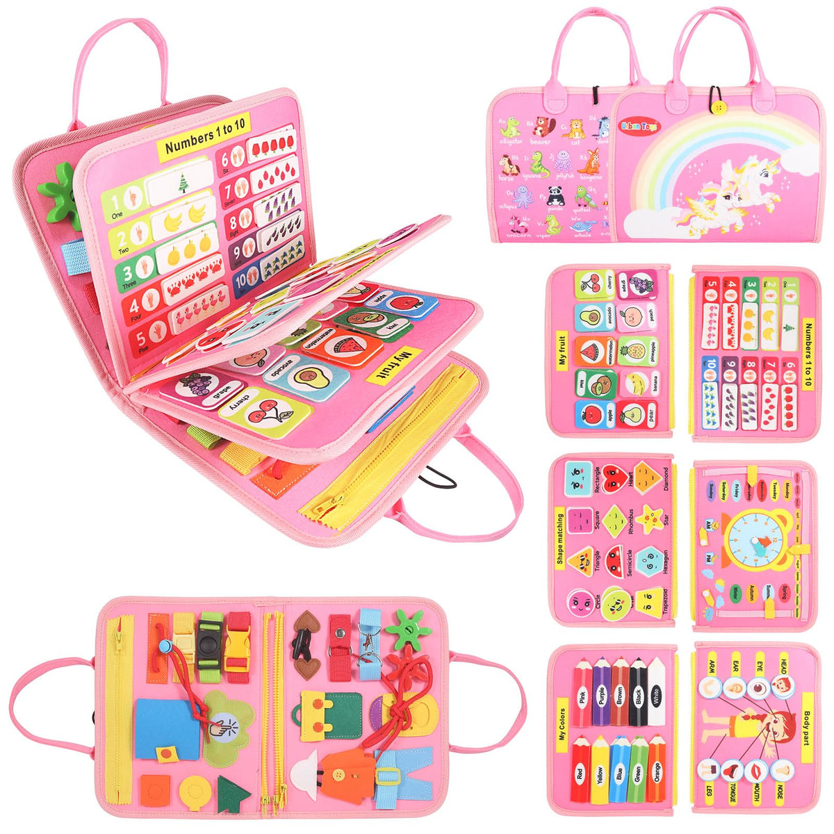 URBAN TOYS Montessori Busy Board buckles help toddlers practice dressing skills anywhere.