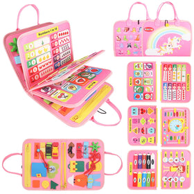 URBAN TOYS Montessori Busy Board buckles help toddlers practice dressing skills anywhere.