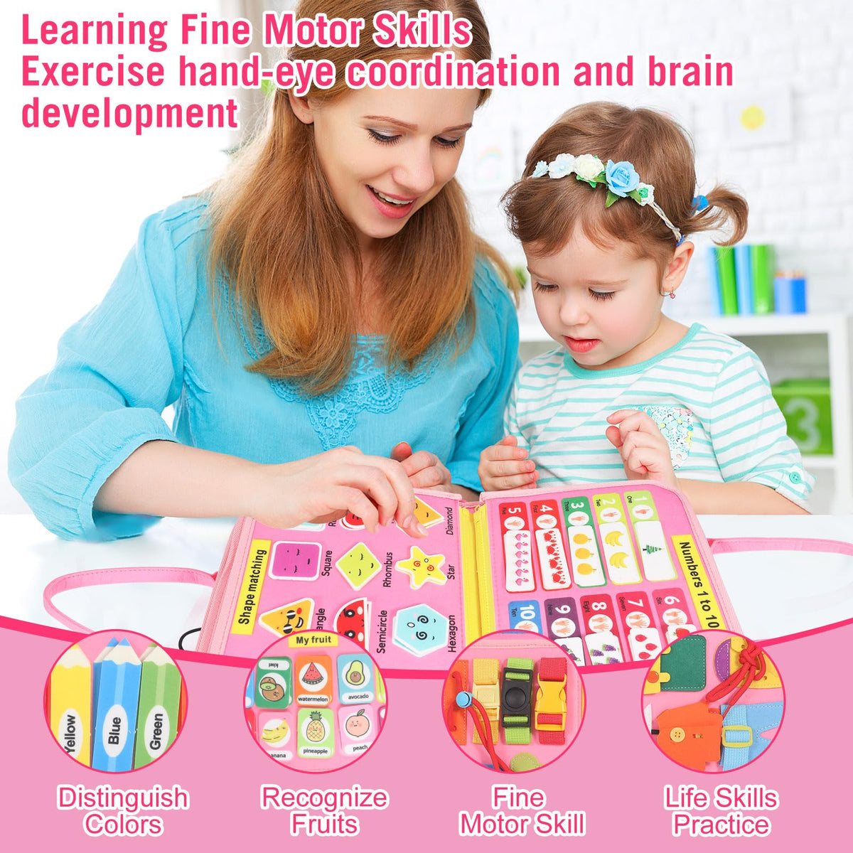 URBAN TOYS Montessori Busy Board tactile textures offer calm sensory engagement for kids.