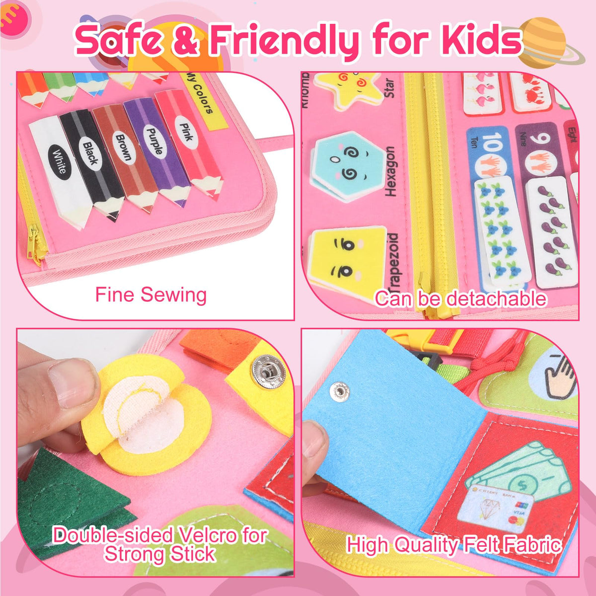 URBAN TOYS Montessori Busy Board Velcro section aids self-help tasks and tactile exploration.