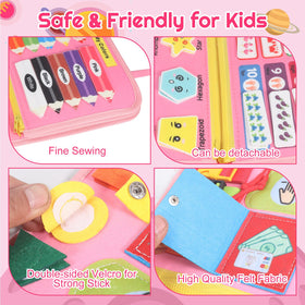 URBAN TOYS Montessori Busy Board Velcro section aids self-help tasks and tactile exploration.