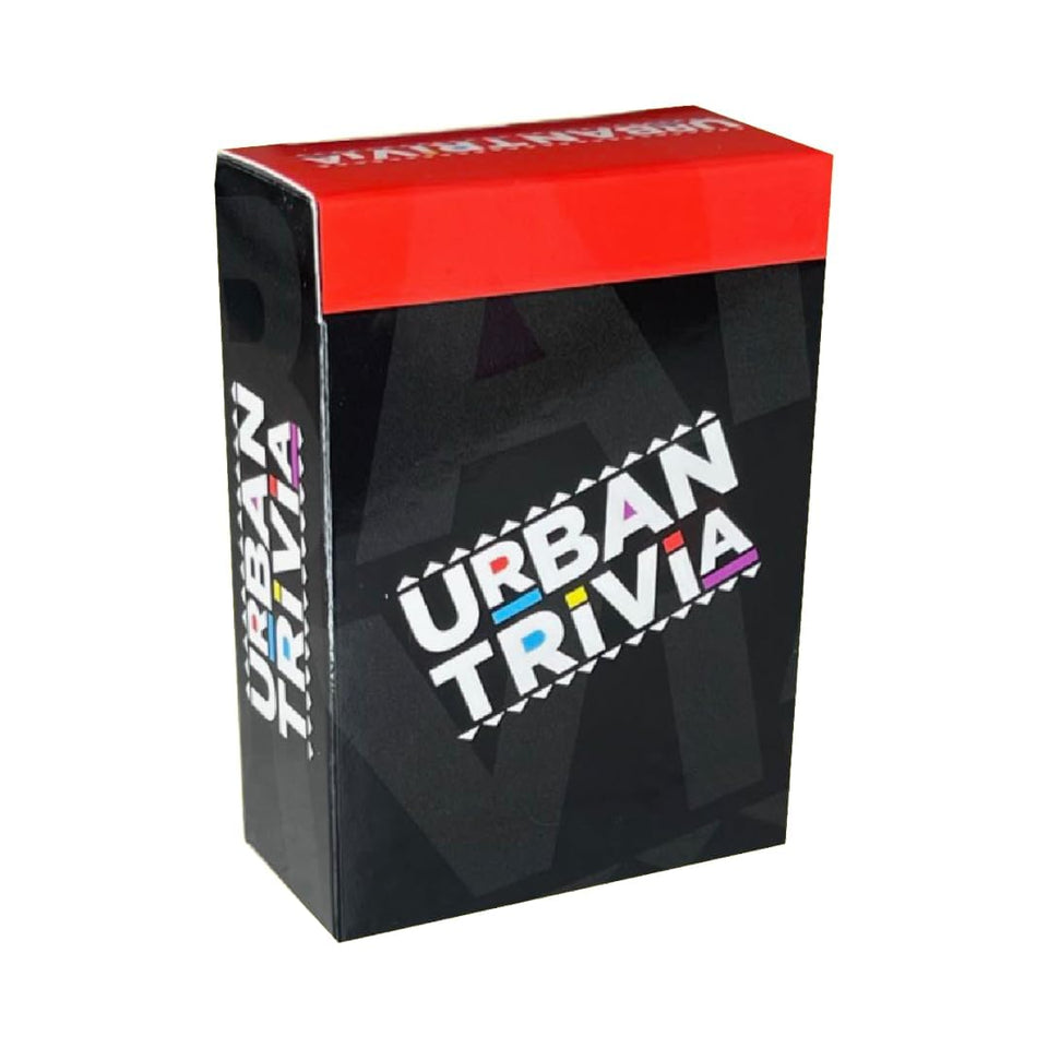 Urban Trivia Black Card Game pack on table, ideal for culture-filled game nights.