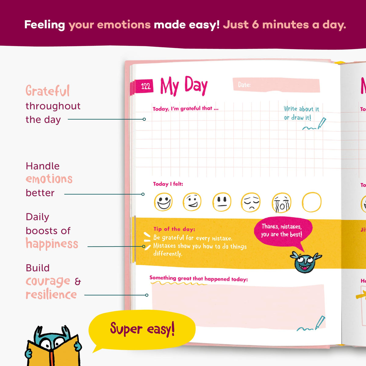 UrBestSelf 6Minute Kids Diary prompts page illustrating daily gratitude and emotional check-ins