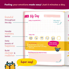 UrBestSelf 6Minute Kids Diary prompts page illustrating daily gratitude and emotional check-ins