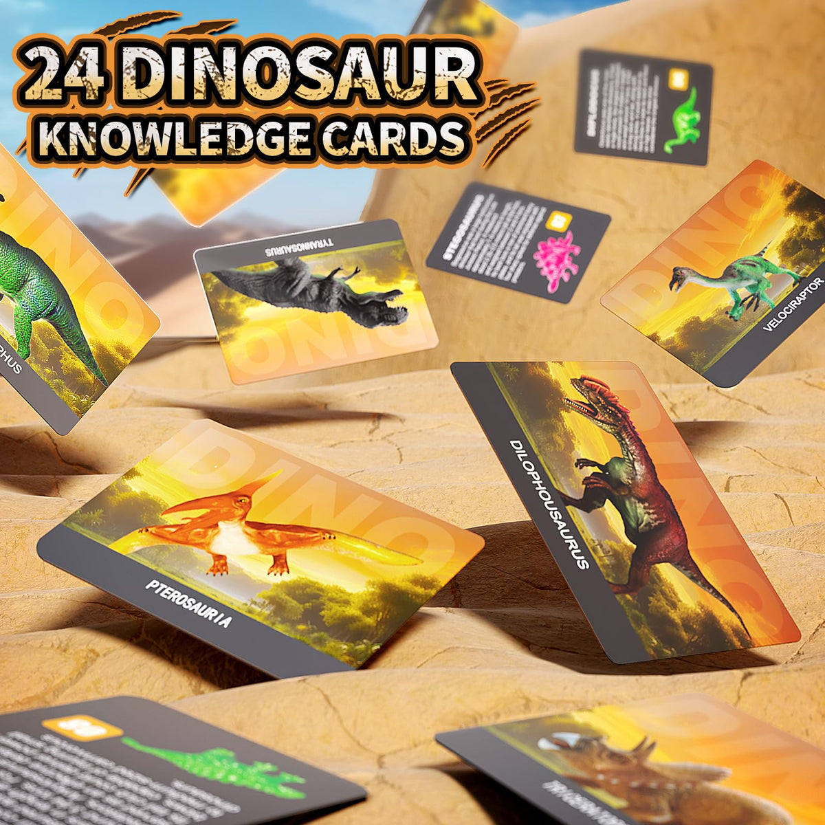 Uregoio knowledge cards link fossils to dinosaur names and histories.