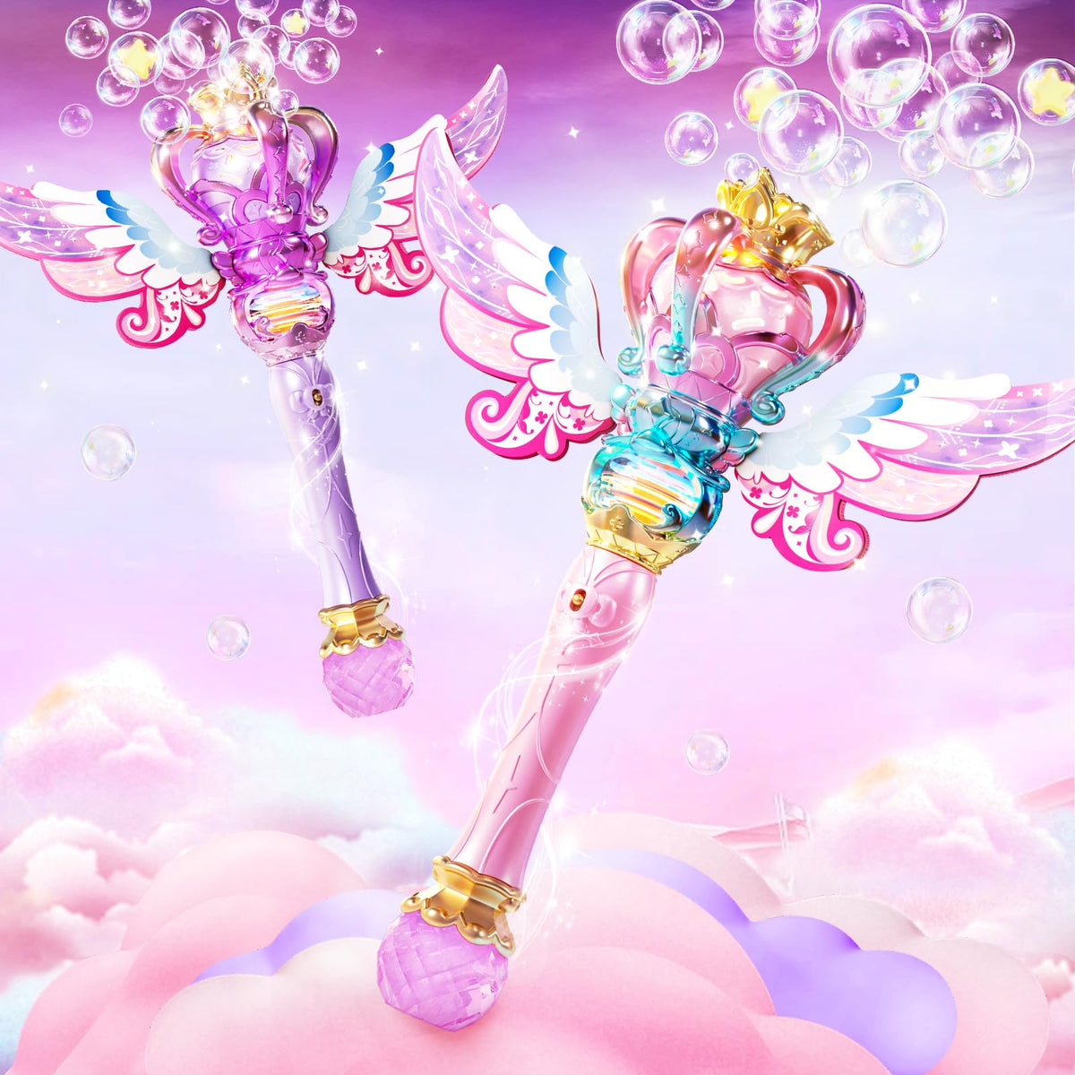 Uregoio Princess Bubble Wands outdoor-rotating-center: pink-purple, ideal for backyard bubbles and music.