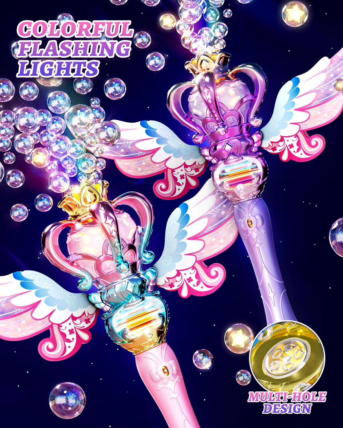 Uregoio Princess Bubble Wands rechargeable battery enables mess-free extended play.