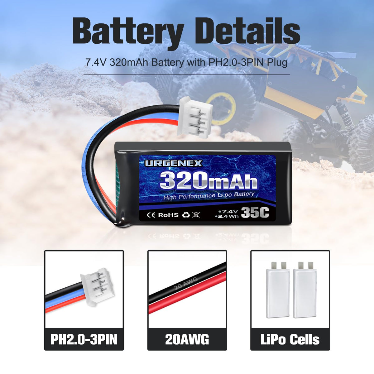 URGENEX 2S LiPo battery powers UMX airplanes for extended flight sessions.
