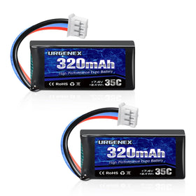 URGENEX 320mAh 2S LiPo battery for UMX airplanes, compact and light for quick swaps.