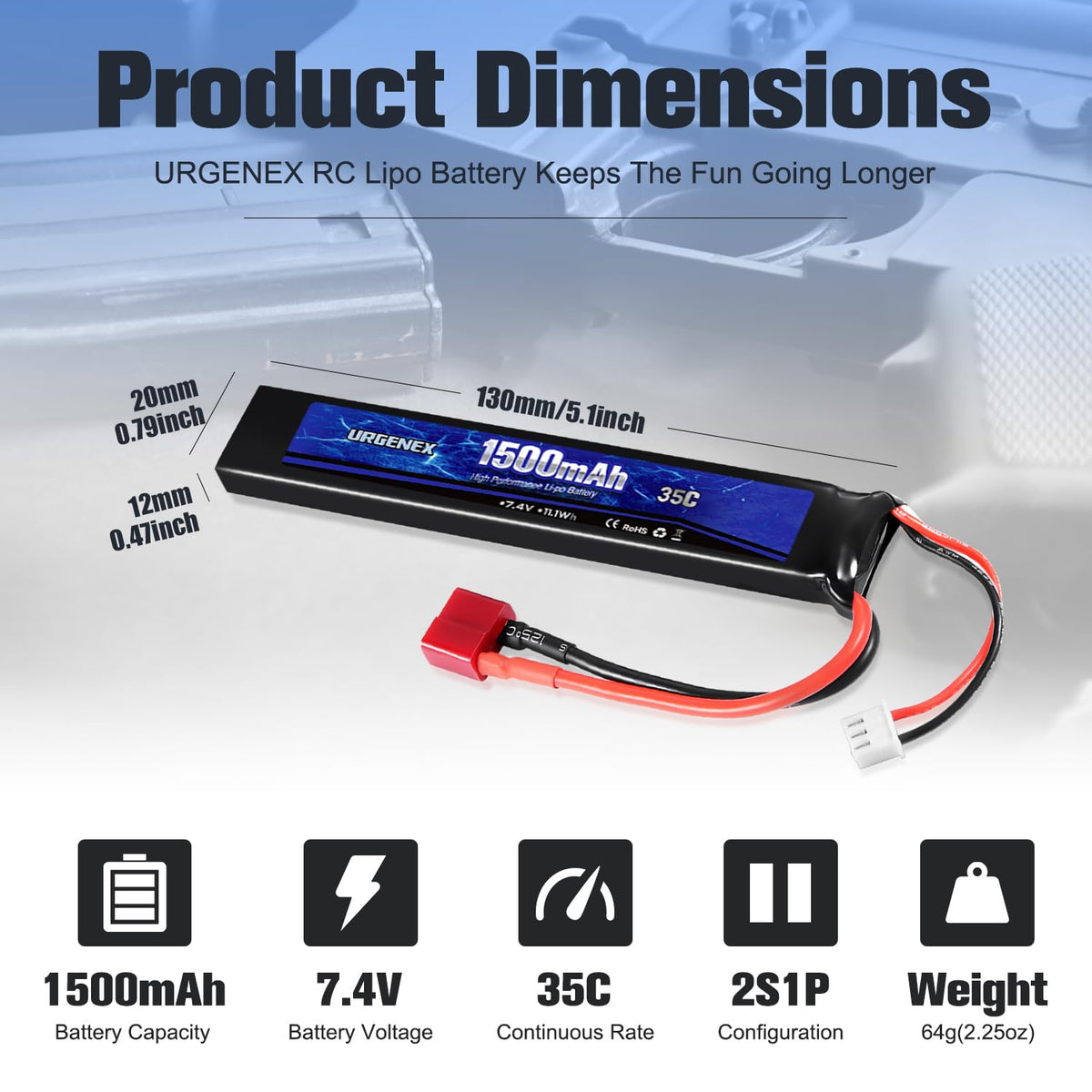 URGENEX 7.4V 1500mAh battery dimensions highlighting slim form factor