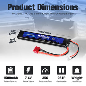 URGENEX 7.4V 1500mAh battery dimensions highlighting slim form factor