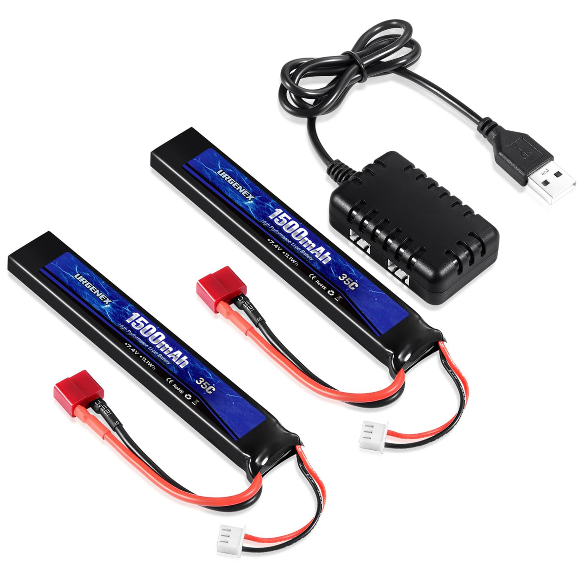 URGENEX 7.4V 1500mAh battery side view showing compact profile for airsoft guns