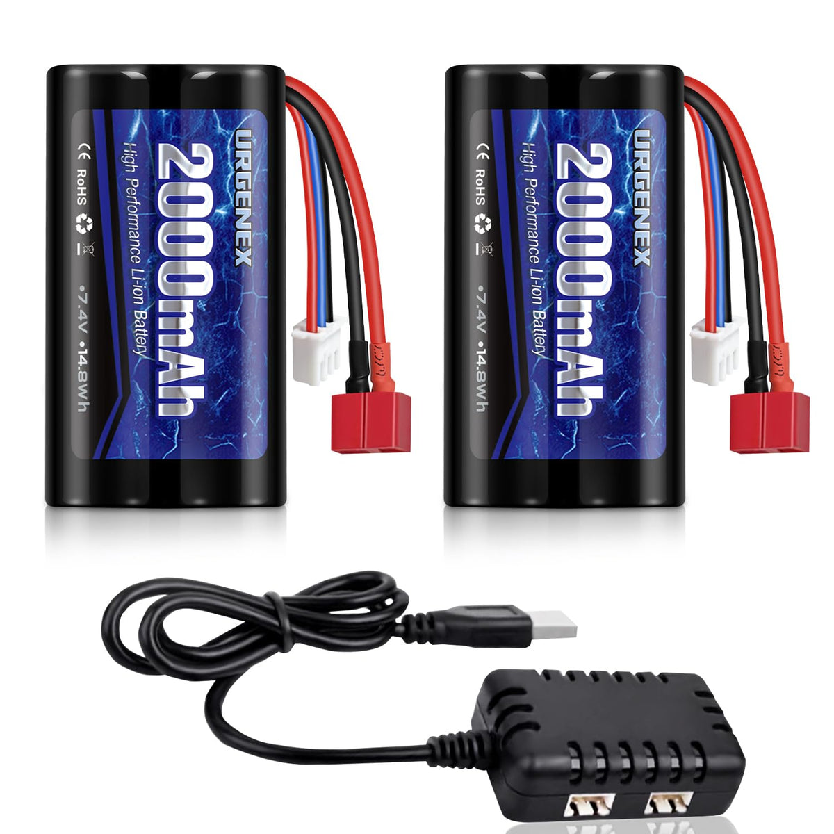 URGENEX 7.4V 2000mAh battery front view highlighting compact RC power