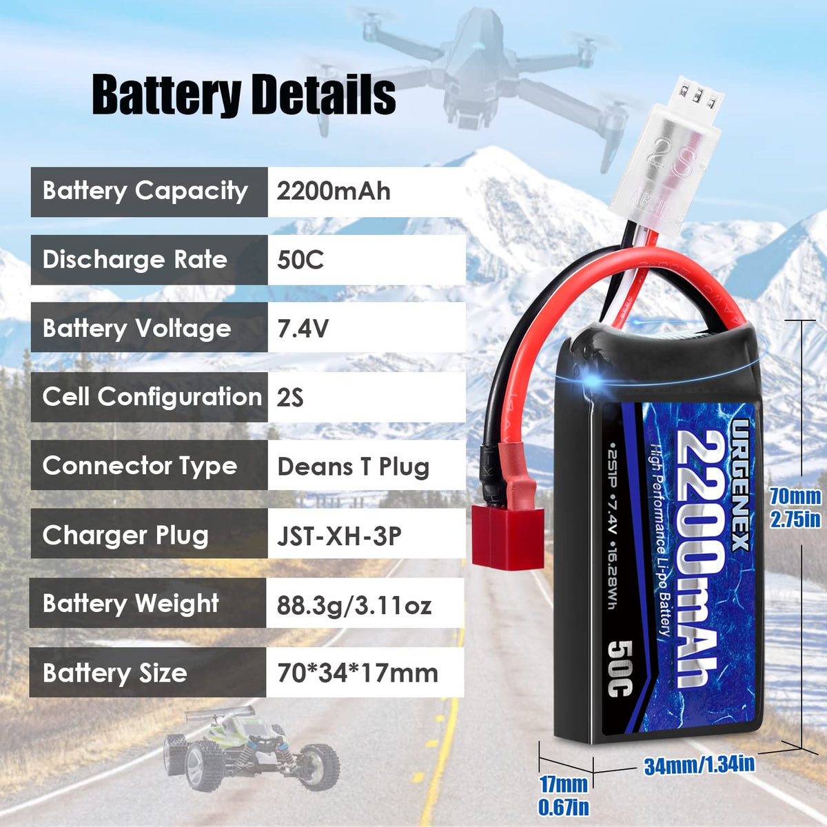 URGENEX battery side label shows key specs for fast setup reference