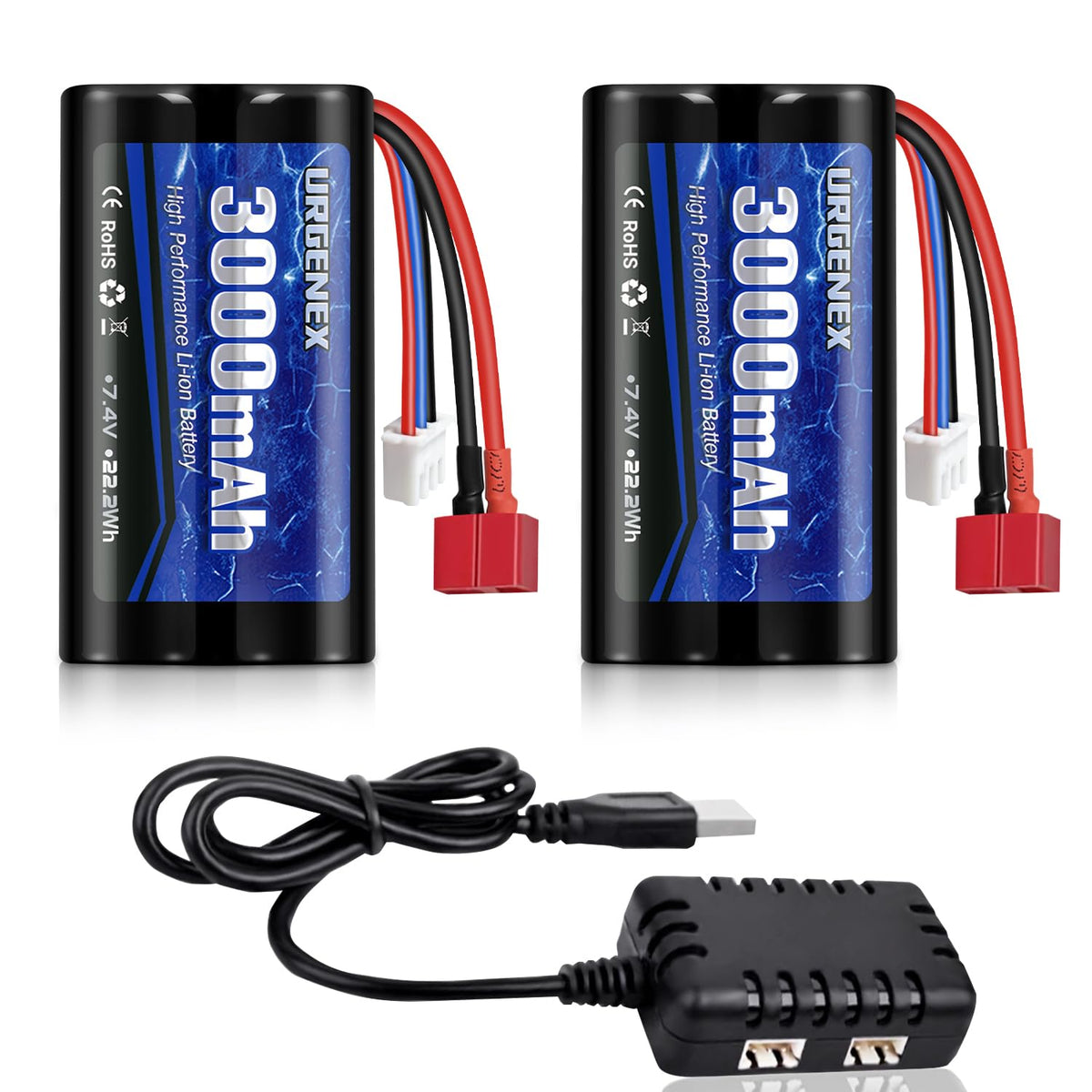 URGENEX Li-ion battery front view shows 7.4V 3000mAh capacity for longer RC runs