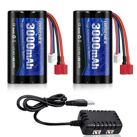 URGENEX Li-ion battery front view shows 7.4V 3000mAh capacity for longer RC runs